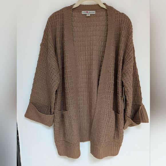 NWT Love Change Brown Oversized Patch Pocket Open Cardigan Sweater Size Small - Picture 1 of 9